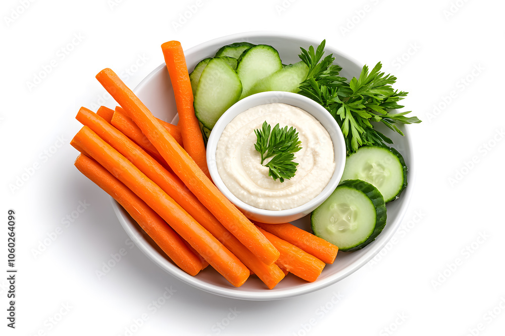 Hummus healthy snack with carrot sticks and sliced cucumbers, isolated on white background Hummus healthy snack with carrot sticks and sliced cucumbers, isolated on white background