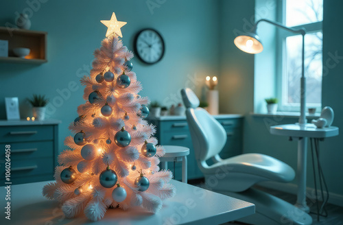 White Christmas tree decorated with white and blue Christmas balls in a dental office