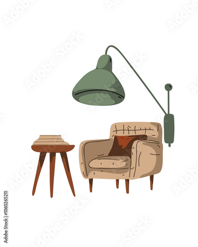 Illustration of a cozy reading nook with an armchair, floor lamp, and small side table in a minimalist style