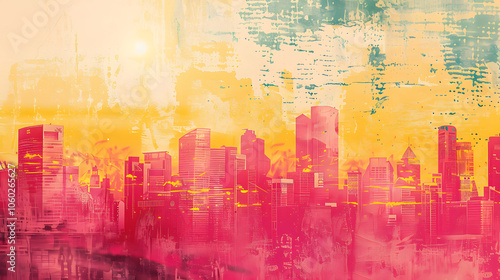 retro grunge pink and yellow collage poster with asian cityscape, different mixed textures