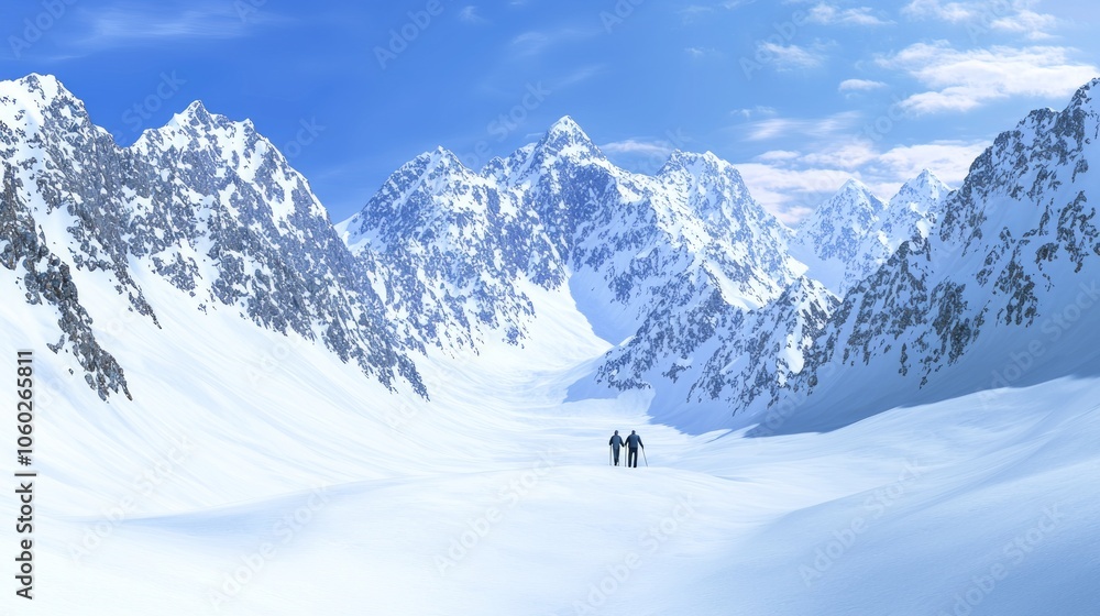 Obraz premium Majestic Winter Wonderland: Couple Snowshoeing in Breathtaking Mountain Landscape, Adventurous Holiday Spirit Captured, Ultra Detailed Scene