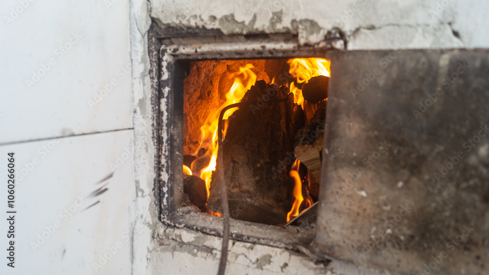 Burning coals inside the furnace. Charcoal burning inside the oven. Poker in furnace Burning coals inside the furnace. Charcoal burning inside the oven. Poker in furnace