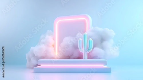 A minimalist cactus displaying in neon lights amidst a dreamy background creates a captivating visual experience