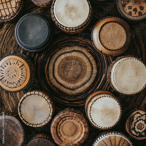 Assortment of African Drums with Rustic Patterns on Dark Wood