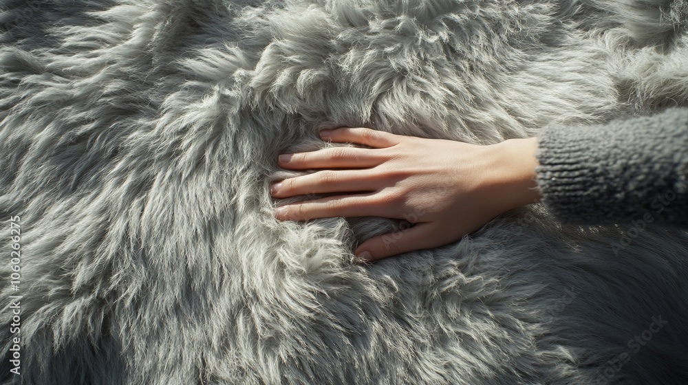 Indulging in Tactile Luxury: A Hand Gliding Across Plush Faux Fur.Concept of touch, texture, sensory experience, luxury, comfort, and home decor. Indulging in Tactile Luxury: A Hand Gliding Across Plush Faux Fur.Concept of touch, texture, sensory experience, luxury, comfort, and home decor.