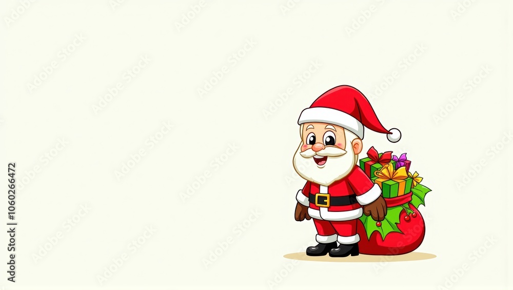 Cartoon Santa Claus with gifts in a sack on a plain background. Smiling, festive, holiday spirit, cheerful illustration. Generative, AI, Cartoon Santa Claus with gifts in a sack on a plain background. Smiling, festive, holiday spirit, cheerful illustration. Generative, AI,