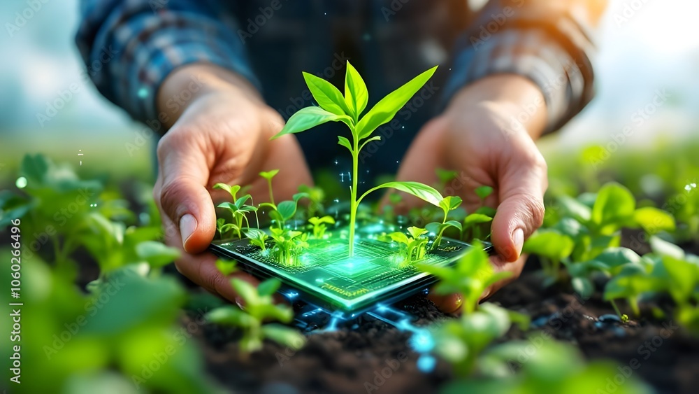 Agricultural Technology Concept: Hands Holding Digital Circuit Board with Growing Plants - Smart Farming and Sustainable Innovation Agricultural Technology Concept: Hands Holding Digital Circuit Board with Growing Plants - Smart Farming and Sustainable Innovation