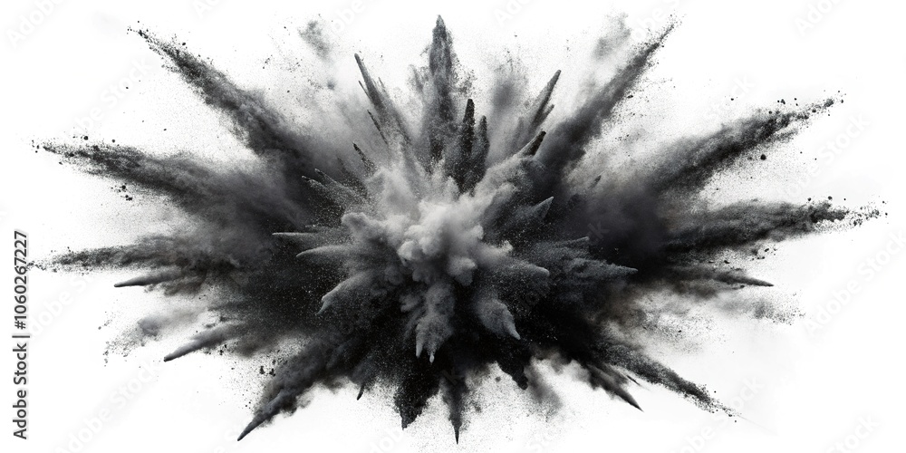 Extreme Close Up Black Powder Explosion On White Background Particles