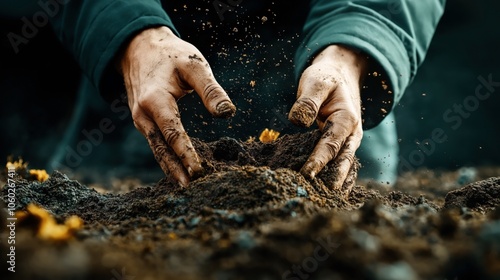Close-up of hands working with fertile soil, highlighting the process of gardening or farming with visible soil particles and small plants.