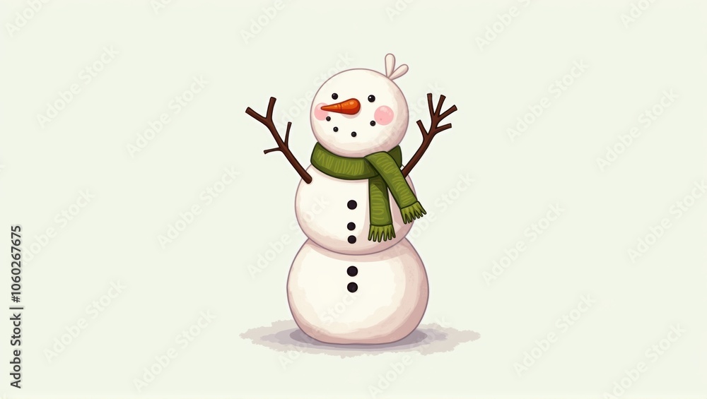 A cheerful snowman with a carrot nose, stick arms, green scarf, and a strawberry hat against a plain background. Generative, AI, A cheerful snowman with a carrot nose, stick arms, green scarf, and a strawberry hat against a plain background. Generative, AI,