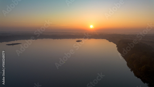 Milickie Ponds at sunrise, bird's eye view, Lower Silesian Voivodeship, Poland