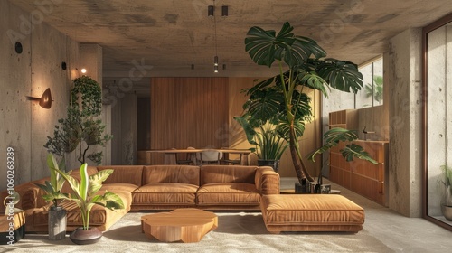 Interior design of living room with a monstera tree in mid-century modern style photo