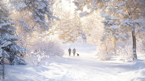 Cozy Winter Stroll: Couple Walking Dog Through Snowy Pine Tree Forest With Holiday Decorations, Love and Family Bonding Scene