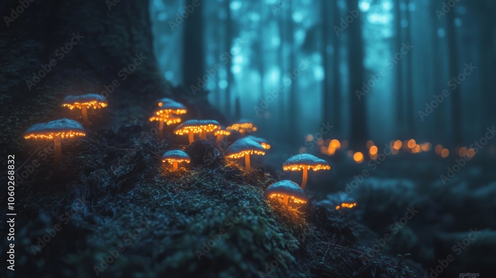 Ethereal Glow: Bioluminescent Mushrooms Illuminating the Forest Floor.Concept of mystery,nature's magic, otherworldly beauty, bioluminescence, eco-tourism, scientific exploration. Ethereal Glow: Bioluminescent Mushrooms Illuminating the Forest Floor.Concept of mystery,nature's magic, otherworldly beauty, bioluminescence, eco-tourism, scientific exploration.