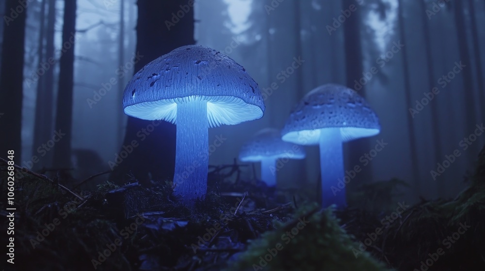 Fototapeta premium Ethereal Glow: Bioluminescent Mushrooms Illuminating the Forest Floor.Concept of mystery,nature's magic, otherworldly beauty, bioluminescence, eco-tourism, scientific exploration.