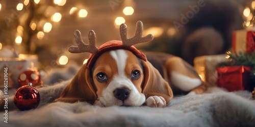 Cute beagle puppy lying down in a holiday-themed room, wearing a reindeer headband, surrounded by holiday decor, with soft bokeh lights in the background photo