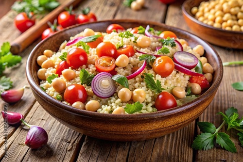 Wallpaper Mural Fresh and colorful couscous salad with chickpeas, red onion, cherry tomatoes, and fresh herbs on a white plate Torontodigital.ca