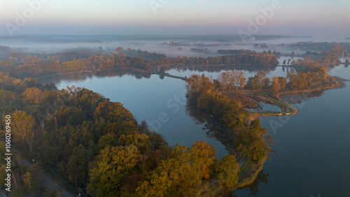 Milickie Ponds at sunrise, bird's eye view, Lower Silesian Voivodeship, Poland photo