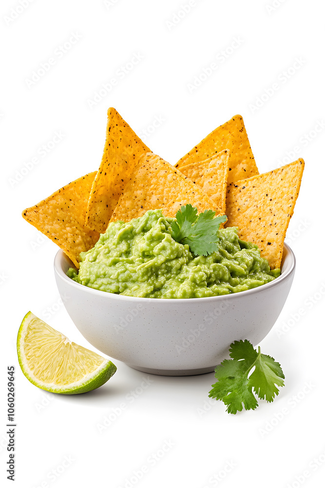 Bowl of guacamole with tortilla chips, isolated on white background Bowl of guacamole with tortilla chips, isolated on white background