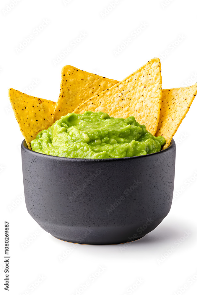 Bowl of guacamole with tortilla chips, isolated on white background Bowl of guacamole with tortilla chips, isolated on white background