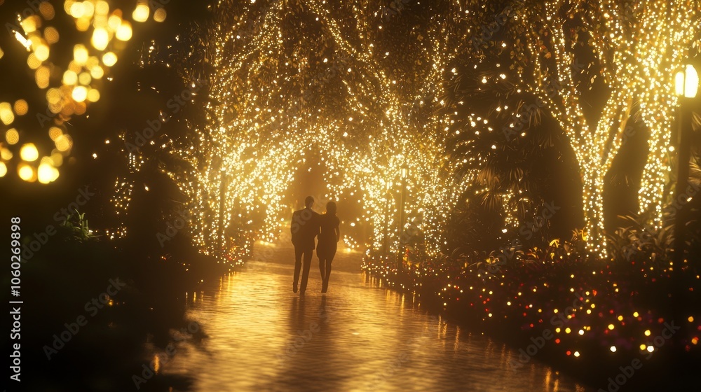 Enchanting Holiday Stroll: Romantic Couple Walking Amidst Festive Park Decorations Under Twinkling Lights Enchanting Holiday Stroll: Romantic Couple Walking Amidst Festive Park Decorations Under Twinkling Lights