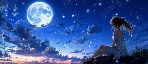 beautiful anime girl with beautiful moon view
