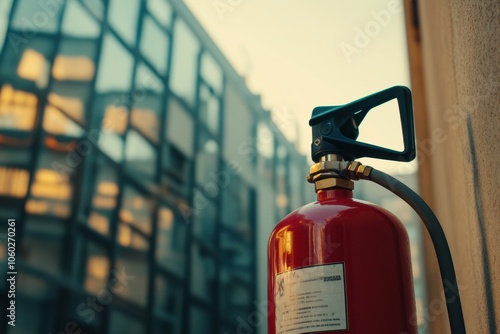 A vibrant fire extinguisher stands prominently before a contemporary building as the soft evening light enhances its visibility. Generative AI photo