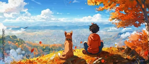 anime theme boy sitting beside his dog on the top of the hill and enjoying the view of autumn