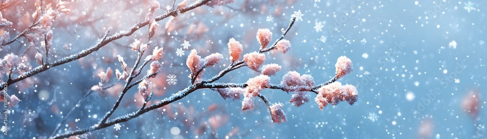 Delicate Snowfall on Snowy Tree Branches in Serene Winter Landscape Delicate Snowfall on Snowy Tree Branches in Serene Winter Landscape