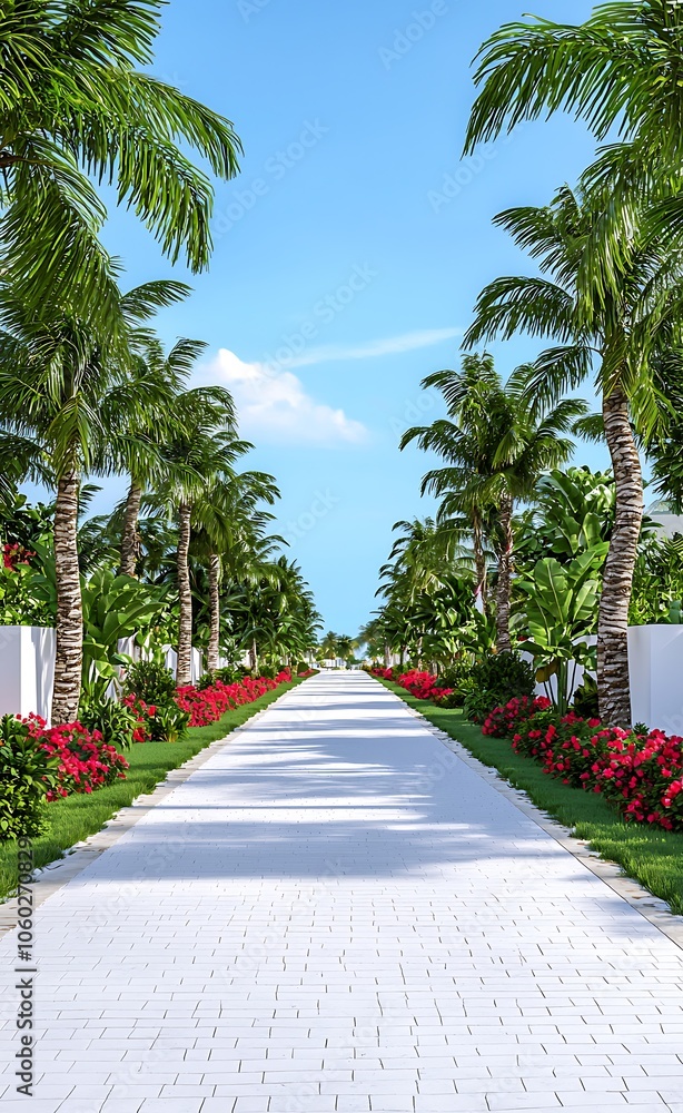Fototapeta premium White Brick Path Lined with Palm Trees and Flowers
