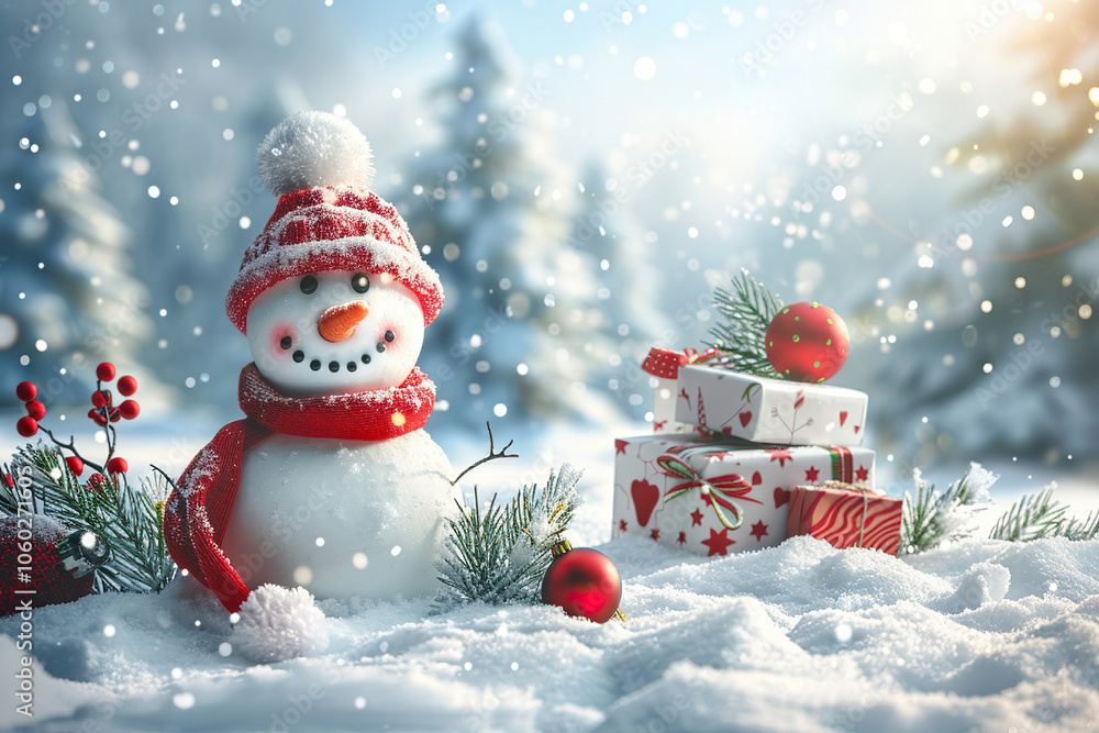 Obraz premium Christmas greeting card with bright winter holiday snowman and New Year background