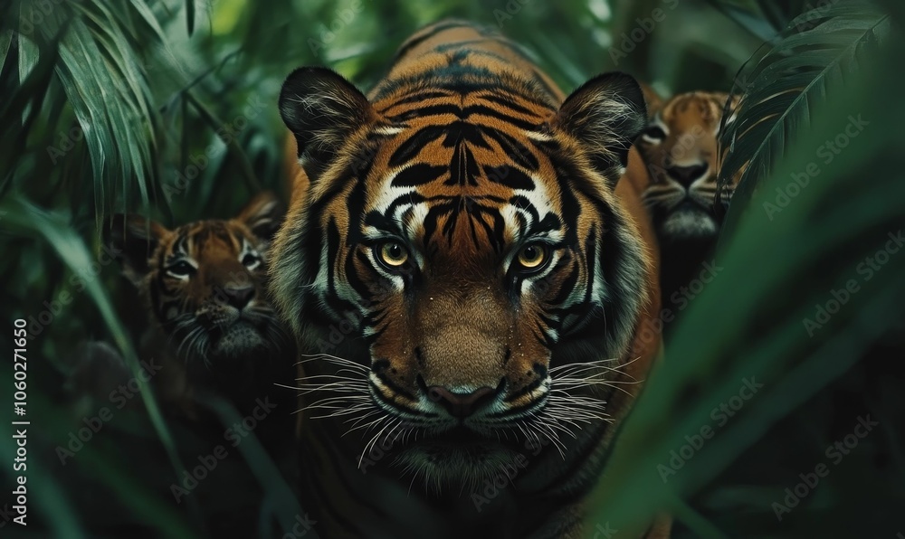 A tiger's face peering through foliage. A tiger's face peering through foliage.