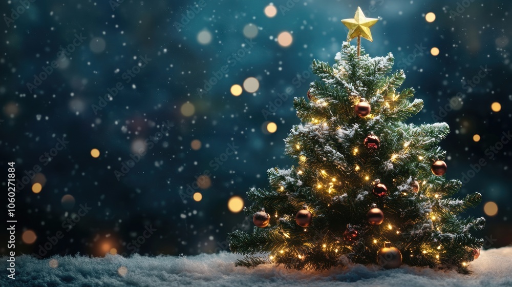 Obraz premium A snow-covered Christmas tree with twinkling lights and ornaments against a blue night sky with falling snow.
