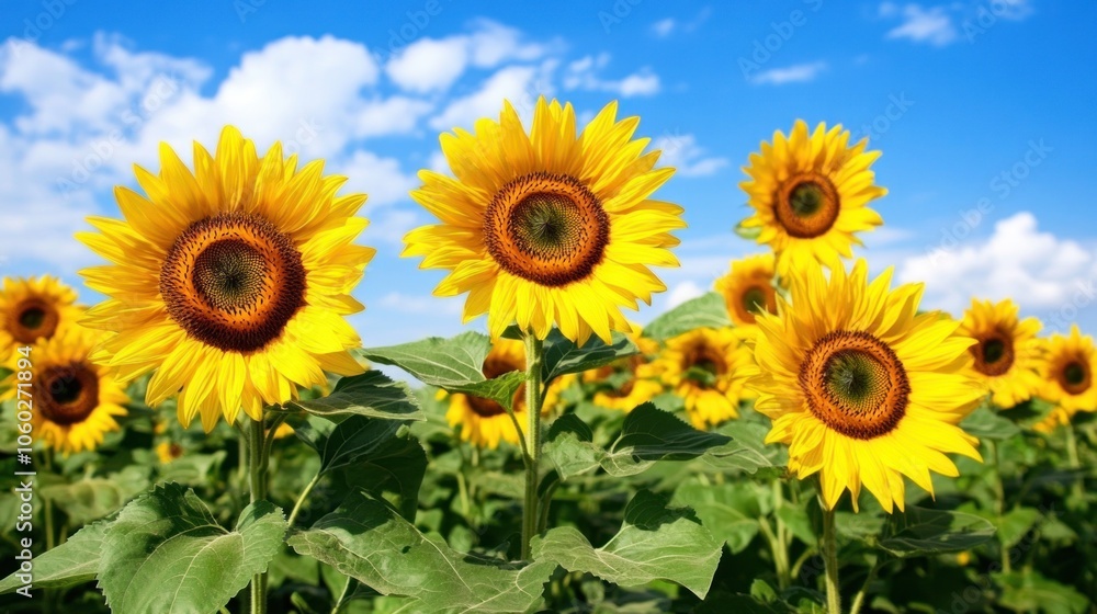 Fototapeta premium A field of bright yellow sunflowers under a clear blue sky with fluffy white clouds.