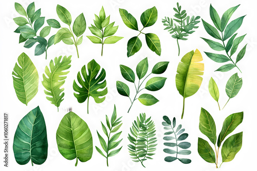 Watercolor Set of Tropical leaves, isolated on white background