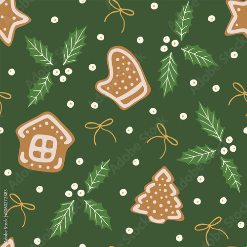 Cute Christmas seamless pattern with home baked cookies, holly plant leaves, little bows and berries. Holiday season festive background. Elegant design for wrapping paper, fabric.