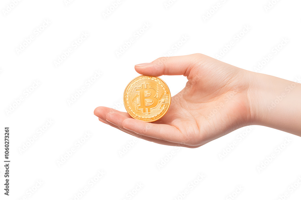 Closeup hand holding a bitcoin, isolated on white background. Cryptocurrency trading concept Closeup hand holding a bitcoin, isolated on white background. Cryptocurrency trading concept