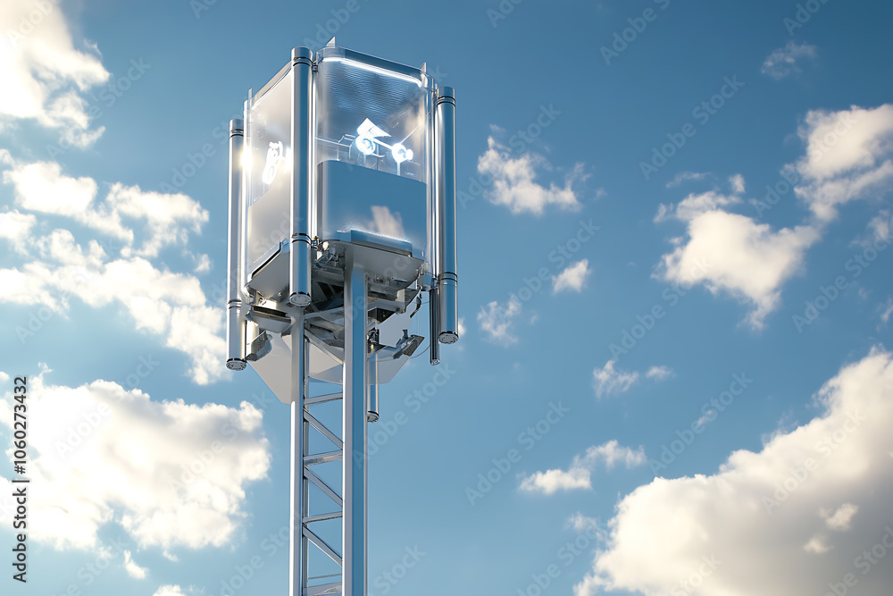 The image showcases a modern 5G telecommunications tower, standing tall and equipped with advanced antennas and technology designed for high-speed data transmission The image showcases a modern 5G telecommunications tower, standing tall and equipped with advanced antennas and technology designed for high-speed data transmission