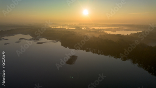 Milickie Ponds at sunrise, bird's eye view, Lower Silesian Voivodeship, Poland photo