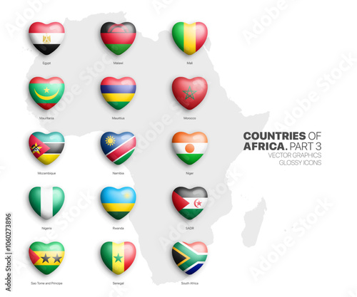 All African Countries Flags Vector 3D Heart Glossy Icons Set Isolated On White Background Part 3. Official National Flags Of Africa Vivid Bright Color Bulging Heart Shaped Buttons Clip Art Collection