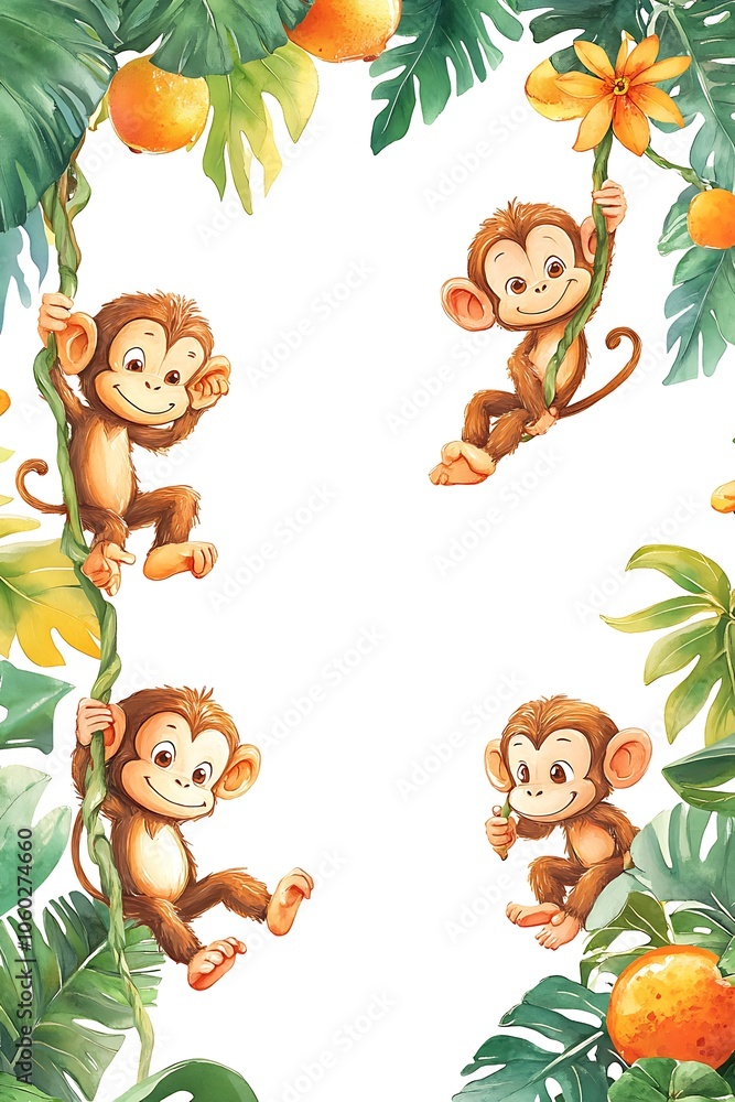 Fototapeta premium Playful monkeys swinging among tropical foliage and citrus fruits in a vibrant whimsical illustration for children���s art and
