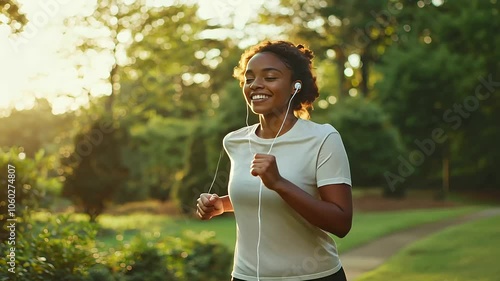 2_Active young woman with a cheerful expression, running with earbuds in a lush, green park, capturing the joy of exercise and fresh air