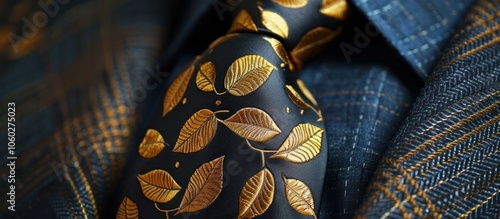 Luxurious brocade fabric with an ornate golden leaf pattern creating an elegant and high end aesthetic  This intricate textile design would be perfect for fashion interior decor photo