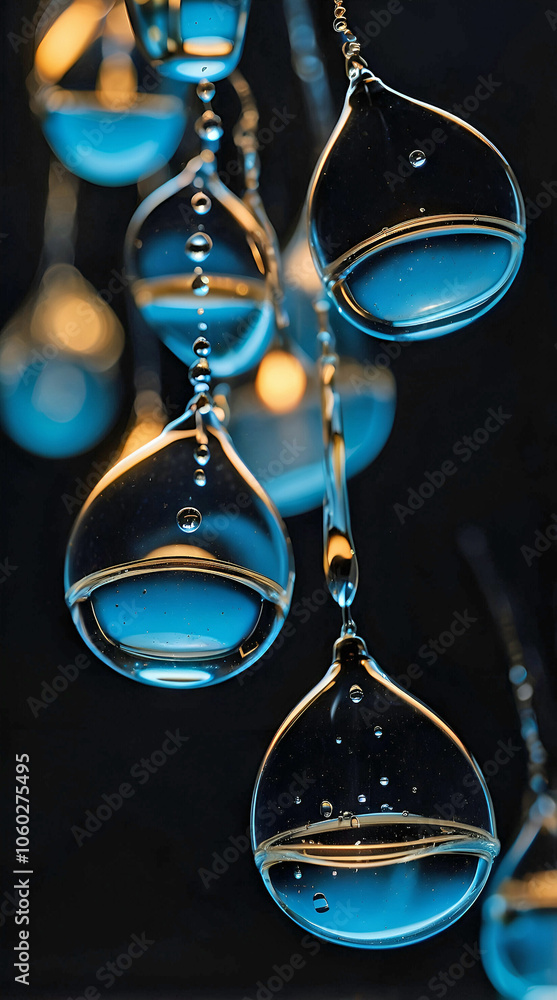 Fototapeta premium Suspended Glowing Liquid Droplets with Reflective Surfaces and Luminescent Blue Hues Creating a Mesmerizing Effect in Dark Ambient Lighting