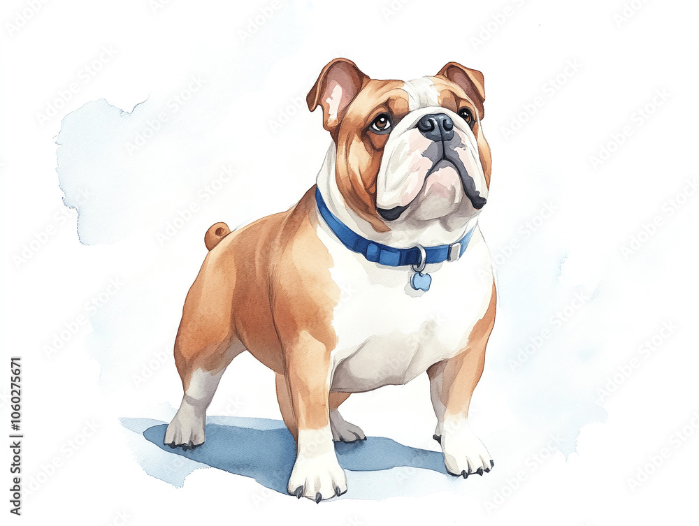 Obraz premium charming British Bulldog stands proudly with blue collar on white background, showcasing its distinctive features and playful demeanor. This illustration captures essence of this beloved breed