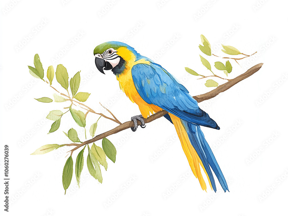 Obraz premium vibrant blue and yellow macaw perched on branch with green leaves, showcasing its colorful feathers and lively expression. This illustration captures beauty of nature