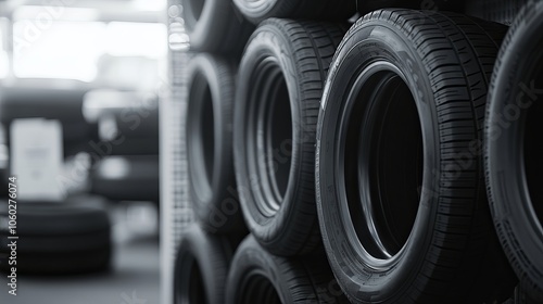 Wallpaper Mural A black and white image of a tire store showcasing a variety of tires neatly stacked and displayed for sale. The composition highlights the tread patterns and textures of the tires Torontodigital.ca