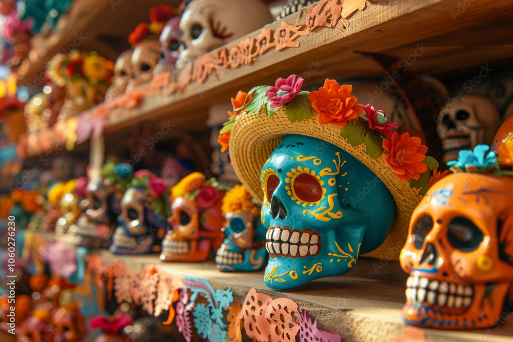 Fototapeta premium Beautiful greeting card with bright holiday composition for happy to joy celebrate dia de muertos