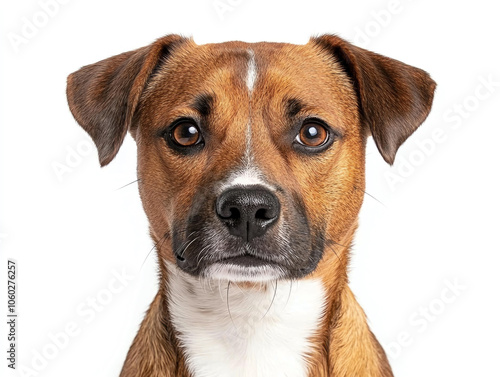 close up portrait of brown and white dog with expressive eyes, showcasing its friendly demeanor and unique features. This captures essence of loyal companion