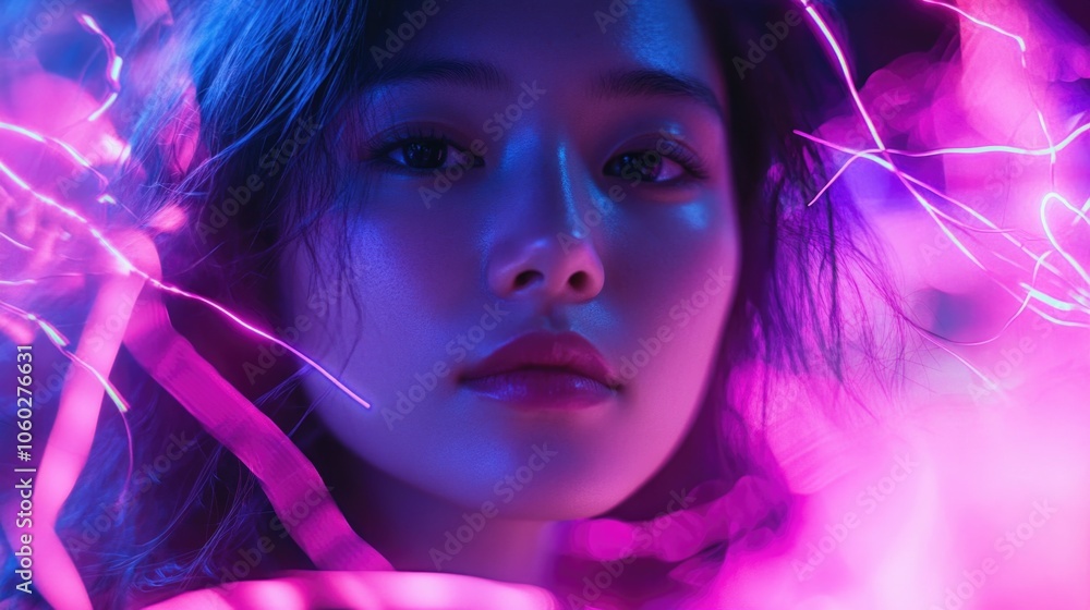 A woman with a pensive expression, set against a backdrop of purple and pink fractal light effects. A woman with a pensive expression, set against a backdrop of purple and pink fractal light effects.